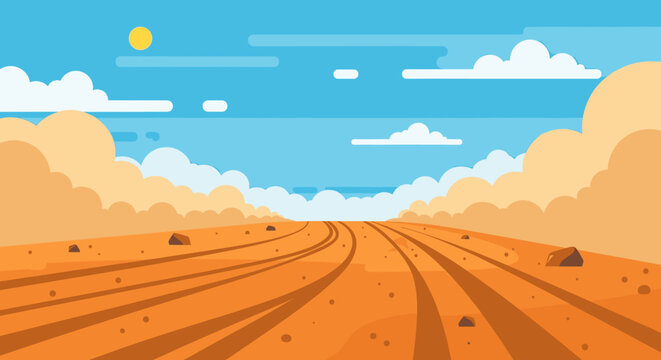 Minimalist vector illustration of a hot desert landscape with a dirt road and tire tracks stretching to the horizon under a sunny blue sky with clouds