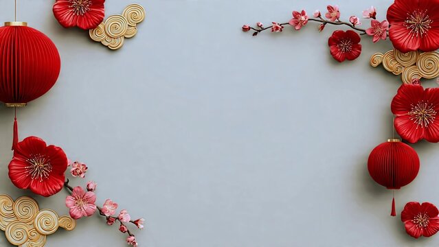 Chinese New Year corner frame with red lanterns and gold cloud ornaments on blue background