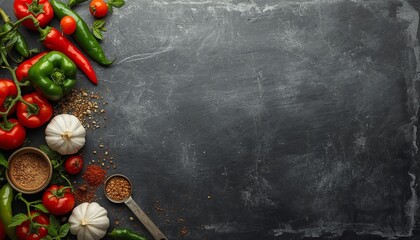 A vibrant arrangement of fresh vegetables and spices on a dark slate background