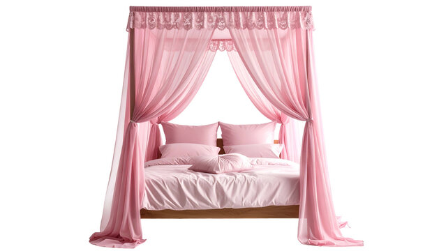 Four-poster bed with sheer pink curtains and pillows