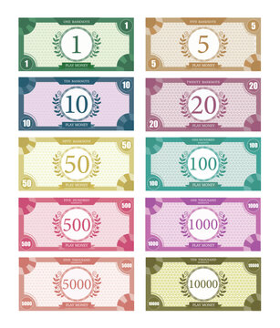Money for game on a white background,Printable play money from 1 to 10000.banknotes design,Vector  illustrations.