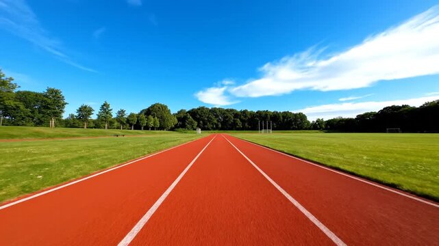 Red athletic track stretching into green field under blue sky