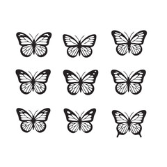 Variety of delicate butterfly outlines and graphic representations, showcasing intricate wing patterns and symmetrical forms for nature and insect themes