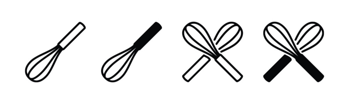 Variety of kitchen whisks for mixing and beating ingredients, single and crossed whisk icons for culinary applications, outline and solid vector
