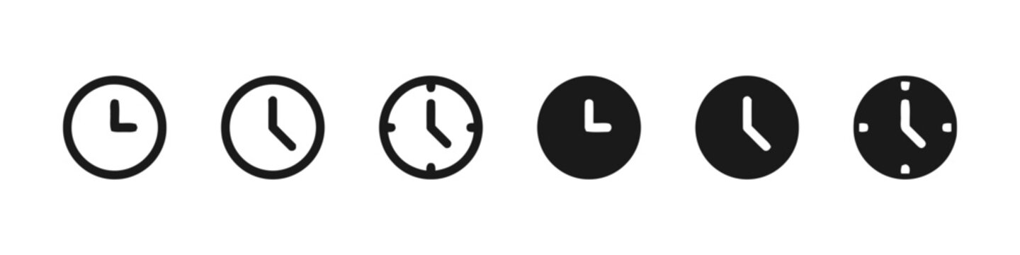 Various clock icons illustrating time and its passage, including simple and detailed designs in circular formats with distinct hand placements