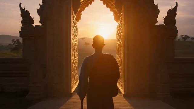 Silhouette man entering temple archway at serene sunrise