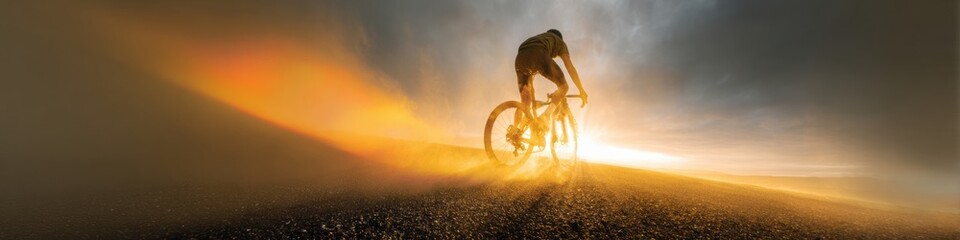 Obraz premium Cyclist Riding on Gravel Road During Stormy Sunset with Dramatic Lens Flare, Endurance Training for Outdoor Apparel Brand and Athletic Performance Advertising