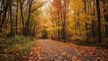 A serene autumnal forest scene with a winding road covered in fallen leaves