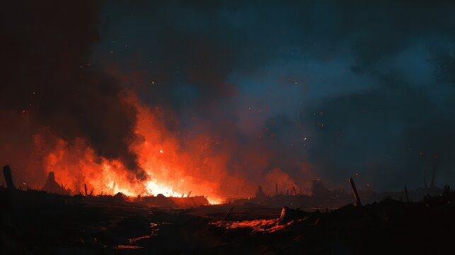 Cinematic digital painting of a burning battlefield with ruined trenches at night