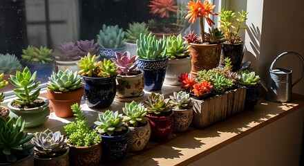 Succulent Garden - A Colorful Collection of Plants on a Windowsill.