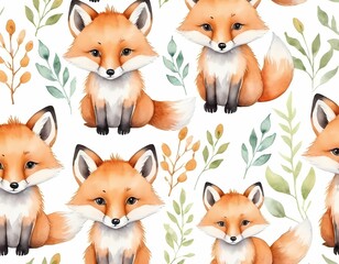 Fototapeta premium Watercolor cute fox seamless pattern with leaves for wrapping paper and fabric design