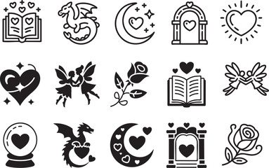 Fantasy and magical elements including dragon fairy moon rose arch and enchanted book symbolizing dreams and stories