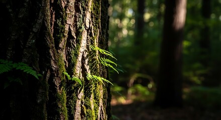 Close-up of Tree Trunk with Moss in a Lush Forest.
