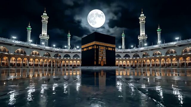The magnificent Kaaba structure illuminated at night beneath a brilliant full moon surrounded by grand mosque architecture and reflective wet stone courtyard.