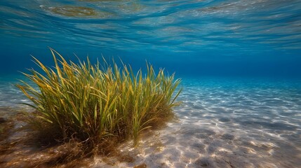 Underwater seagrass swaying gently in clear blue ocean water over a sandy seabed illuminated by d d sunlight