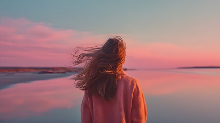 Fototapeta premium Woman stands facing the sunset, hair blowing in the wind, serene and peaceful moment.