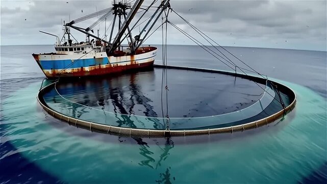 Gliding over a large fishing trawler with its net deployed, creating a perfect circle in the ocean, hyperrealistic.