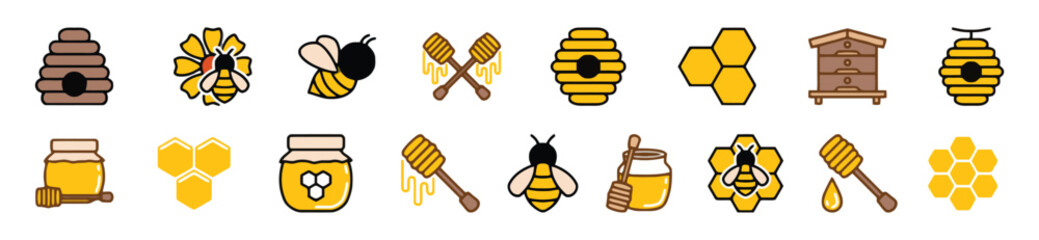 Vibrant collection of honey and bee related icons, featuring beehives, bees, flowers, honey dippers, honeycombs and jars in colorful designs © Sorifa