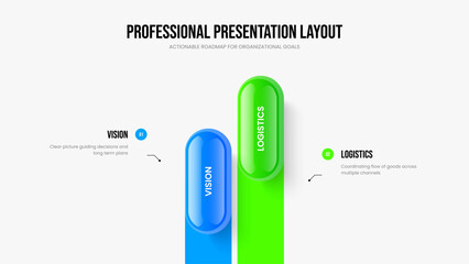 Market Review Slide Layout Vector Illustration. Visual Insight 2 Option Infographic Slideshow Template. Modern Profile Two Step Diagram Presentation Design.