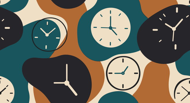 Seamless pattern of minimalist analog clocks with simple hands on an abstract background with organic shapes, a modern flat design illustration with a retro color palette