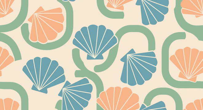 Seamless pattern with stylized blue and orange seashells and abstract green lines in a modern, minimalist style, a contemporary coastal design on a light beige background