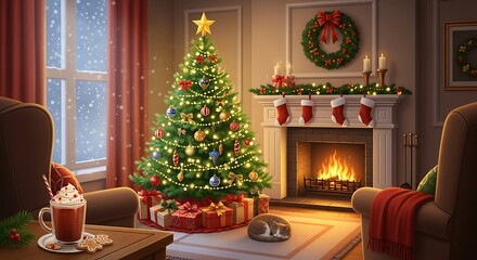 Cozy Christmas Living Room with Decorated Tree and Fireplace.