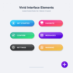 This set of colorful gradient user interface buttons features modern icons for actions such as get started, favorite, confirm, messages, settings, and warning on a light background.