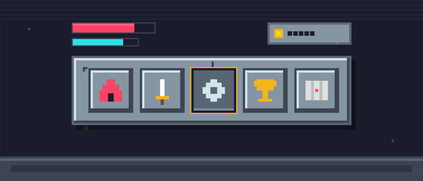 A pixel art user interface for a retro video game featuring health and mana bars, a currency counter, and an inventory bar with various icons on a dark background.