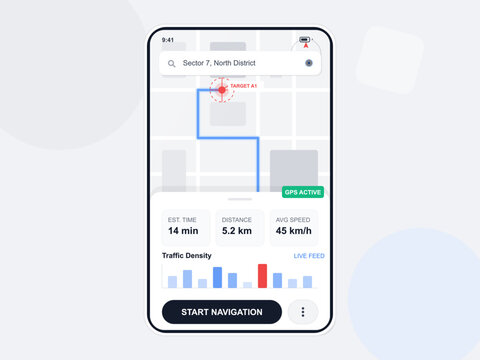 A mobile phone screen displays a navigation application with a map, route, and travel statistics including estimated time, distance, and traffic density for a trip.