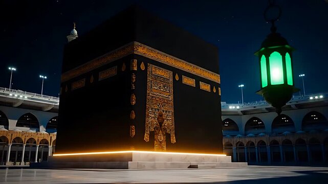 The sacred kaaba at night, illuminated by gentle light, stands solemnly as a central focus of islamic pilgrimage and worship.