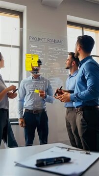 team brainstorming session around whiteboard with sticky notes project roadmap sketched, colleagues exchanging ideas and writing notes on glass, colorful postits and markers on table,