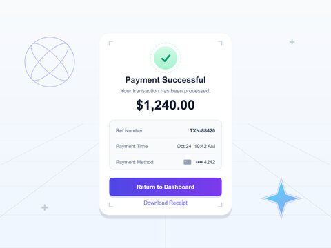 A digital user interface card displays a successful payment confirmation for $1,240.00 with transaction details, a green checkmark, and a purple button to return to the dashboard.