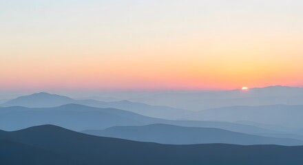 Fototapeta premium Layered mountain silhouettes at sunrise, soft gradients, pastel colors, minimalist composition, atmospheric perspective