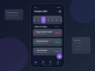 This dark mode mobile app UI design displays a daily task list, productivity score, and upcoming events for October 2023 on a sleek smartphone screen interface.
