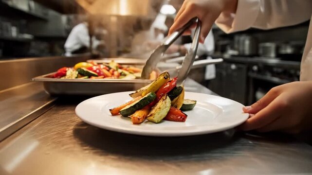 Chef plating gourmet vegetables in busy restaurant kitchen, precise tongs over white plate for fine dining service, warm professional mood for hospitality and menu design