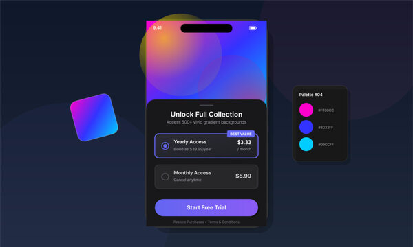 Mobile app interface design showing a subscription paywall with colorful gradient backgrounds, pricing plans for yearly and monthly access, and a call to action button for a free trial.