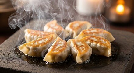 Delicious Pan-Fried Gyoza Dumplings with Steam on a Stone Plate.