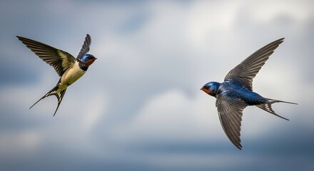 Obraz premium Two birds flying in the sky with cloudy background
