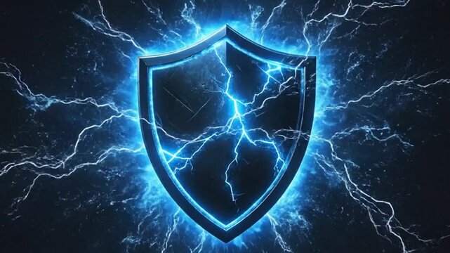 Shield emblem surrounded by electric energy, representing protection, security, and power.