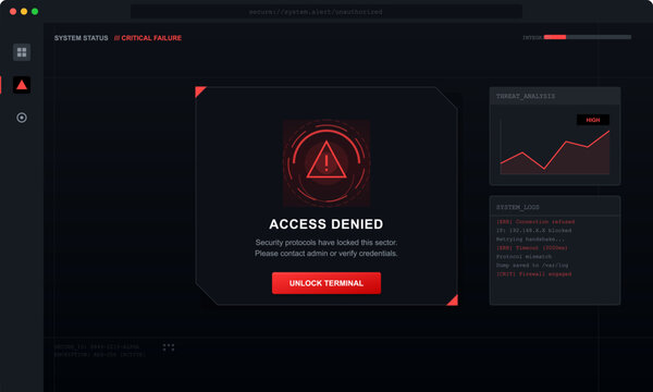 A dark futuristic computer interface displays a red access denied warning message with a critical failure status, threat analysis graph, and system logs on a black background.