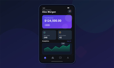A modern mobile application dashboard displaying financial analytics, total revenue, new leads, and active deals on a dark interface with a green line graph and purple highlights.