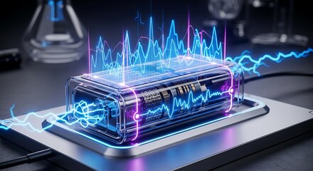Futuristic Energy Storage Device with Glowing Electrical Signals.