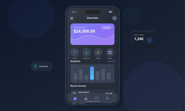 A modern mobile application interface for financial management featuring a dark mode dashboard with balance overview, analytics charts, and transaction history on a smartphone screen.