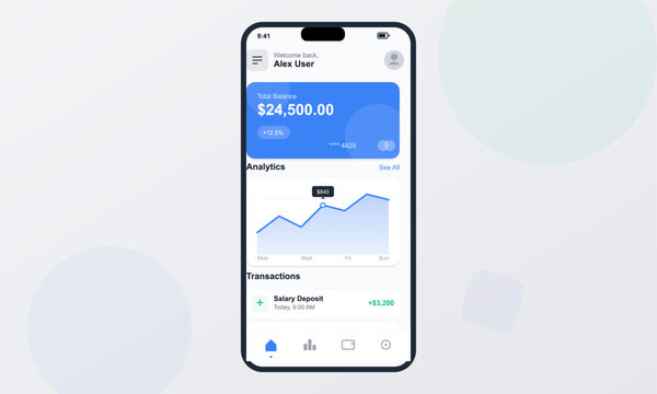 A mobile phone screen shows a banking app dashboard with account balance, spending analytics chart, and transaction details. The design is minimalist with a blue and white color palette.