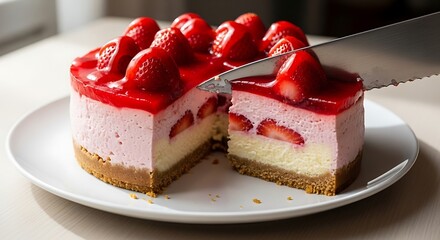 Delicious Strawberry Cheesecake Being Sliced on a White Plate.