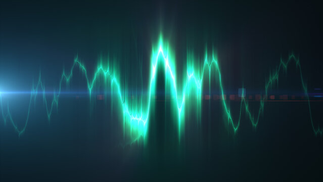 Abstract green glowing audio waveform with smooth light transitions, representing sound signals, digital analysis, and flowing energy