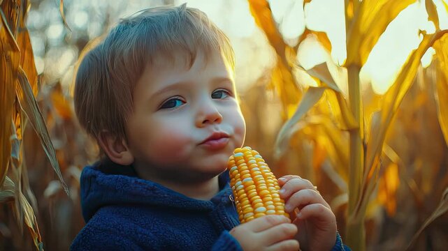 the child eats corn. Selective focus