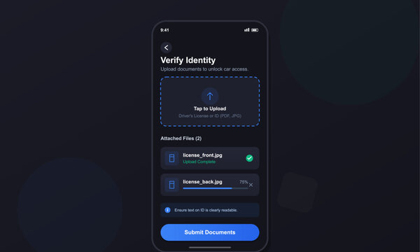 Mobile app screen for identity verification featuring a document upload section with progress bars for license images and a blue submit button on a dark background.