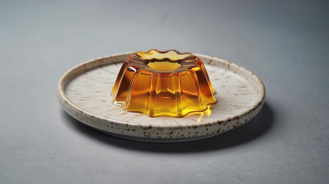 Colorful jelly dessert in a vintage mold on a plate. The jelly is transparent and glistening, showcasing a soft light effect. Ideal for kids' parties or ASMR videos.