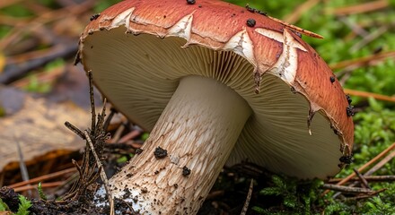 Close-up of a Russula mushroom with a red cap and white gills.